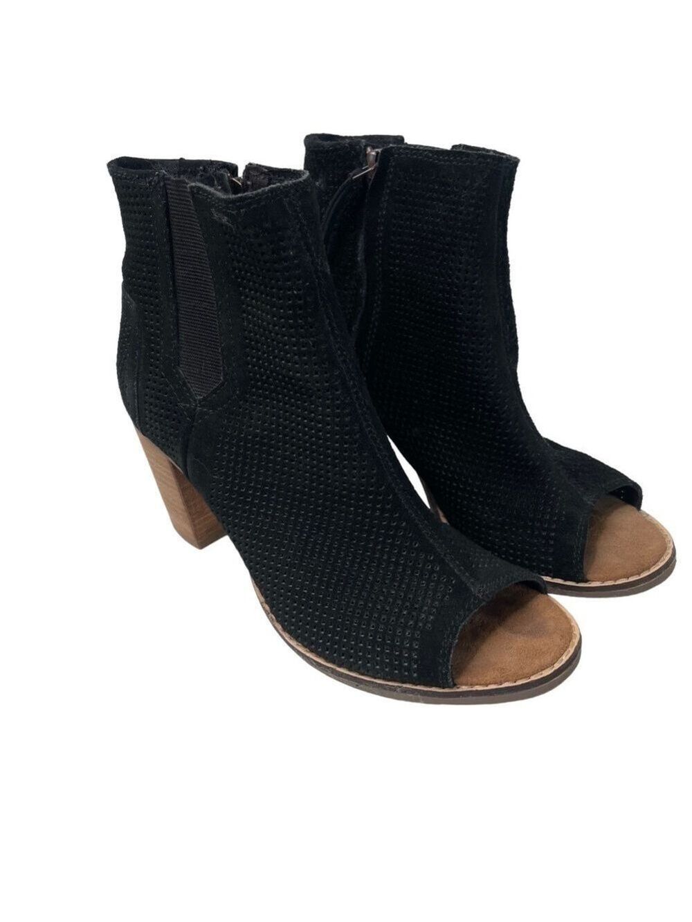Toms Black Suede Peep Toe Booties Perforated Heeled Ankle Zip Women 8